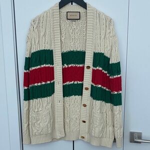 Gucci Cream Cable-Knit Cardigan with Green & Red Stripes